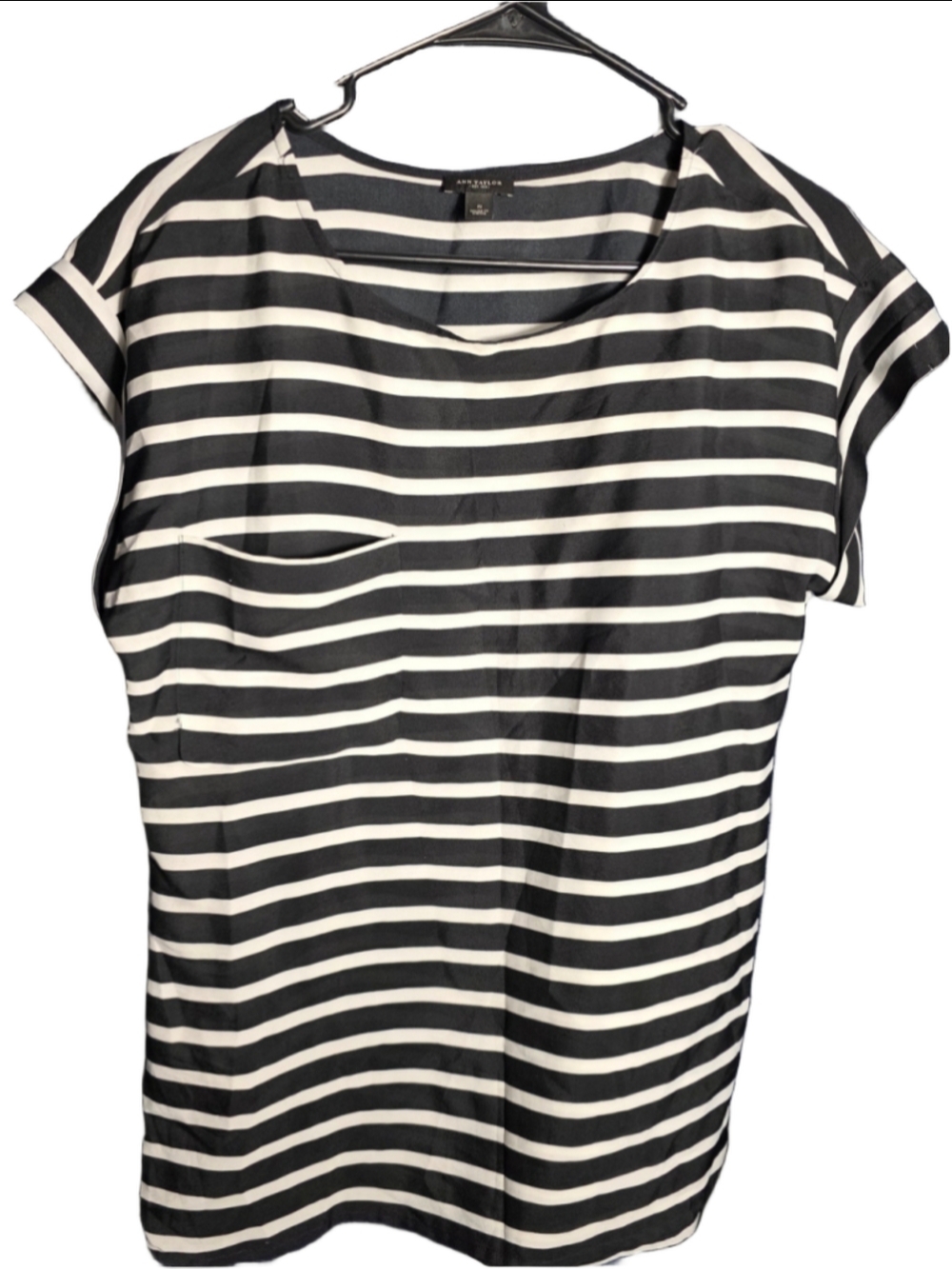 Women's Ann Taylor Blouse Size S Black White Striped Pocket Top essential